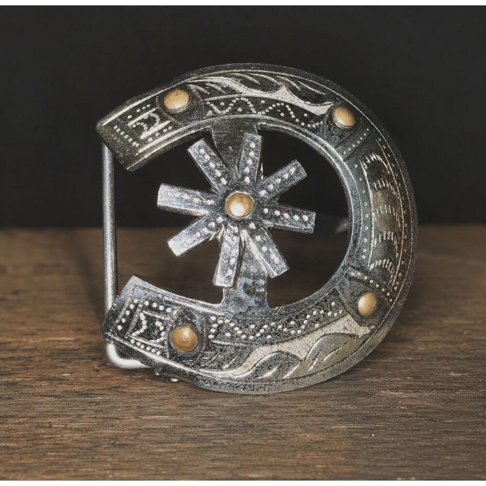 Western Horseshoe Spinner Belt Buckle Engraved Silver Brass Tone Cowboy Rodeo